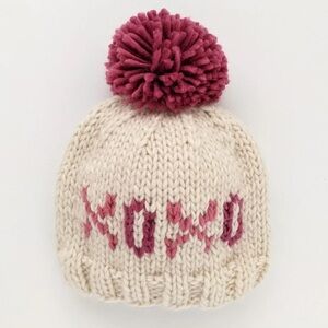 Cream and Pink Knit Winter Hats with Pom Pom